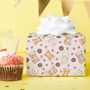 Titel Mooie Koffie en Donuts Beer Naadloos Patroon Cadeaupapier