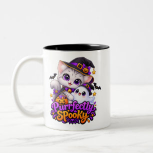 Titel: Purrfect Griezelig – Halloween Kat Kopje Tweekleurige Koffiemok