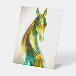 [Titel] Stralend Smaragd Gouden Paard Beeldhouwkun Reclamebord Met Voetstuk