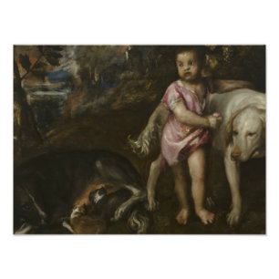 Titiaan - Jongen met honden in een landschap Foto Afdruk