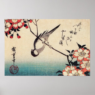 Titmuizen op een Cherry Branch, Hiroshige Poster