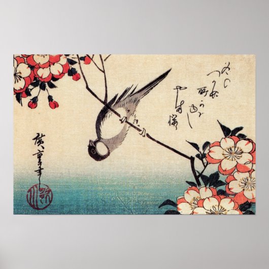 Titmuizen op een Cherry Branch, Hiroshige Poster (Voorkant)