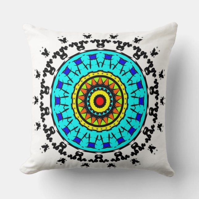 Titre : Coussin de jet Floral Mandala Cyan Or (Recto)