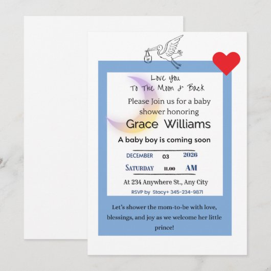 To the Moon and Back Baby Boy Shower Invitation | (Devant / Derrière)