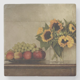 Toch leven, zonnebloemen in Vase, fruit in Bowl Stenen Onderzetter
