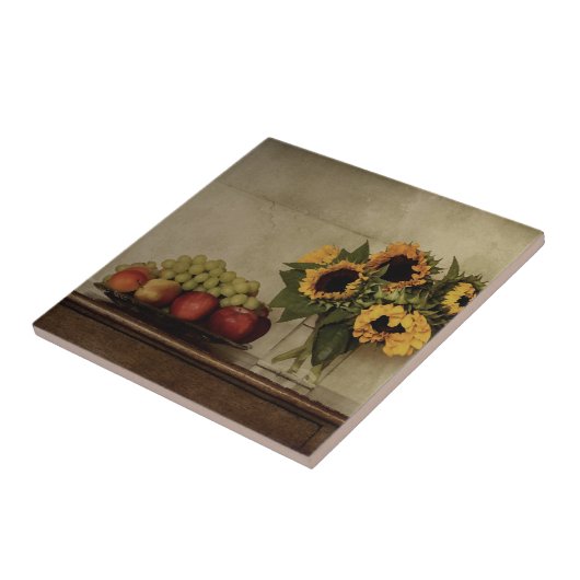 Toch leven, zonnebloemen in Vase, fruit in Bowl Tegeltje (Zijkant)