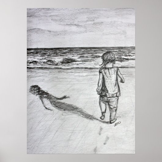 Toddler op het strand potlood Tekenkunst Afdrukken Poster (Voorkant)