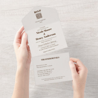 Todo En Uno Boda Retro Moderna Rojo Vino QR All In One Uitnodiging