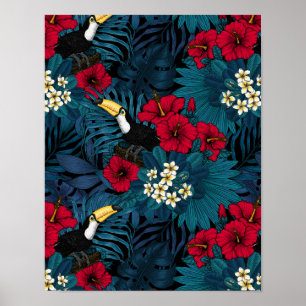 Toecans and tropical flora, green and red poster