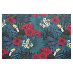 Toecans and tropical flora, green and red stof