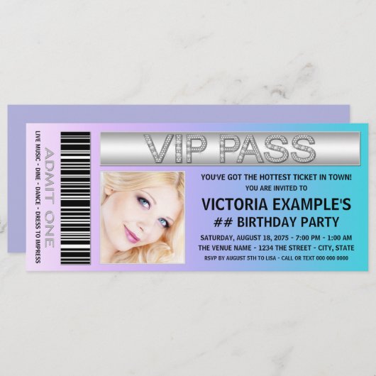 Toegangsbewijs verjaardagsfeestje kaart (Voorkant / Achterkant)