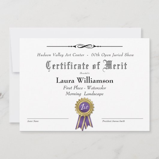 TOEKENNINGSCERTIFICAAT VOOR KUNSTSHOWS (Voorkant)