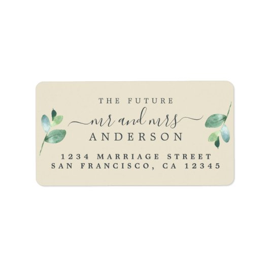Toekomst de heer Mrs. Script Green Foliage Wedding Etiket (Voorkant)