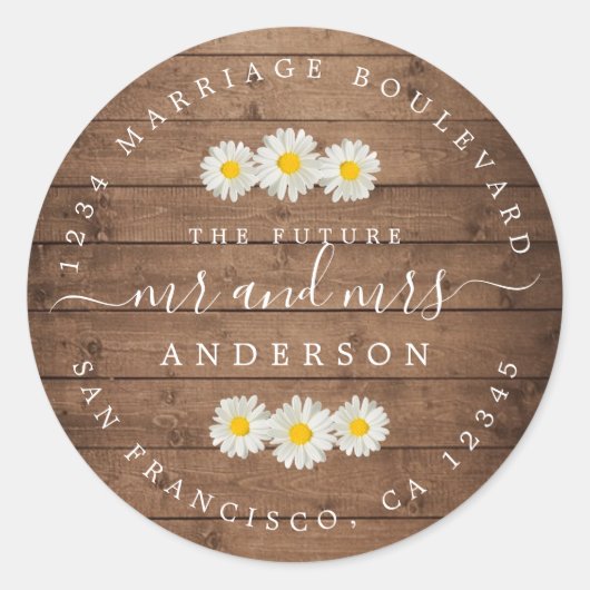 Toekomst Mr. Mrs. Daisies Wood Bruiloft Retouradre Ronde Sticker (Voorkant)