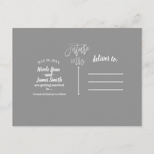 Toekomstige Mevrouw Faux Zilver Folie Modern Bewaa Aankondigingskaart (Achterkant)