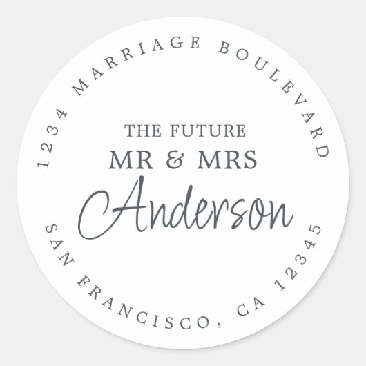 Toekomstige Mr. Mrs. Script Black White Return-adr Ronde Sticker (Voorkant)