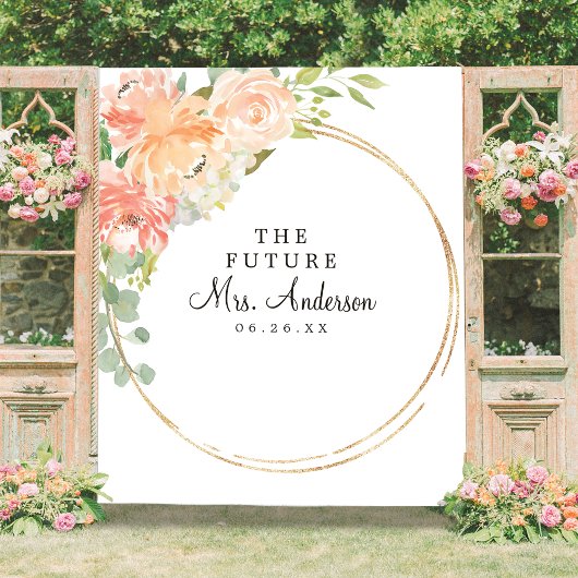 Toekomstige Mrs Peach Bloemig Bruiloftsfeest Backd Wandkleed
