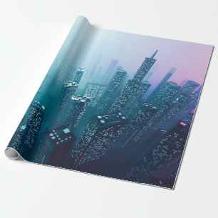 Toekomstige stadscentrum met wolkenkrabbers in neo cadeaupapier