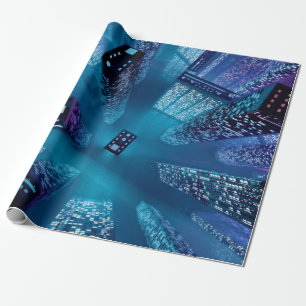 Toekomstige stadscentrum met wolkenkrabbers in neo cadeaupapier