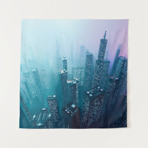 Toekomstige stadscentrum met wolkenkrabbers in neo wandkleed