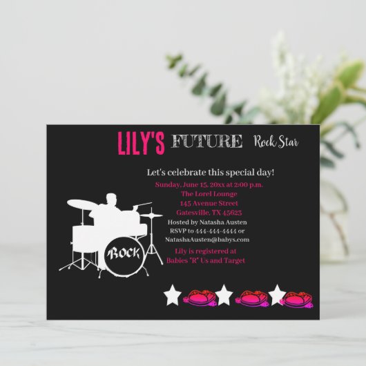 Toekomstige uitnodiging tot Baby shower van Rocker (Staand voorkant)