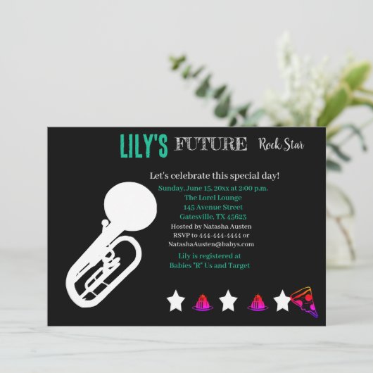 Toekomstige uitnodiging tot Baby shower van Rocker (Staand voorkant)