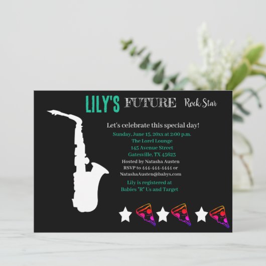 Toekomstige uitnodiging tot Baby shower van Rocker (Staand voorkant)