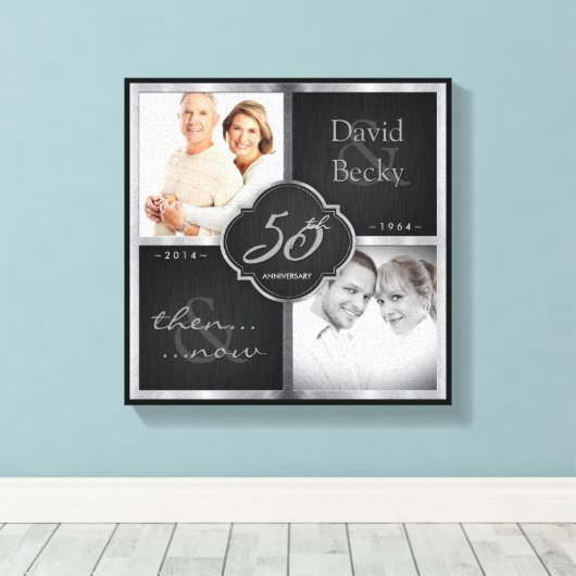 Toen en nu 50ste bruiloft Jubileum Canvas Afdruk (Insitu (Houten vloer))