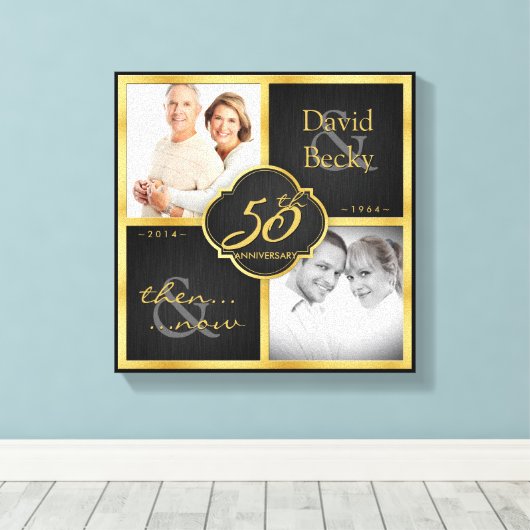 Toen en nu 50ste bruiloft Jubileum Canvas Afdruk (Insitu (Houten vloer))