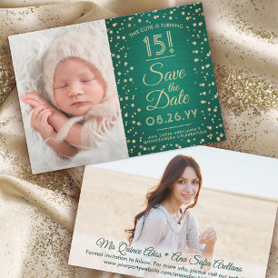 Toen en nu foto's Quinceañera Green & Gold Glitter Save The Date