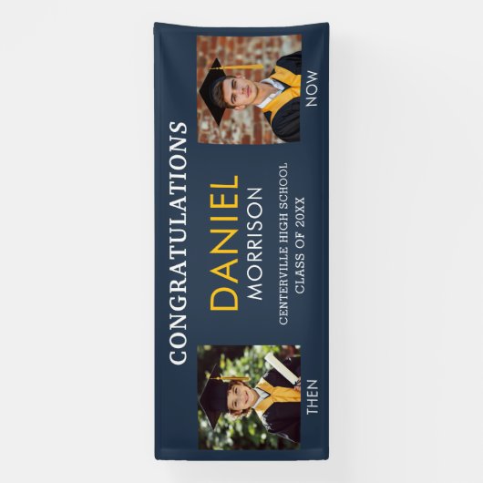 Toen en nu Navy Blue Gold Photo Afstuderen Spandoek (Verticaal)