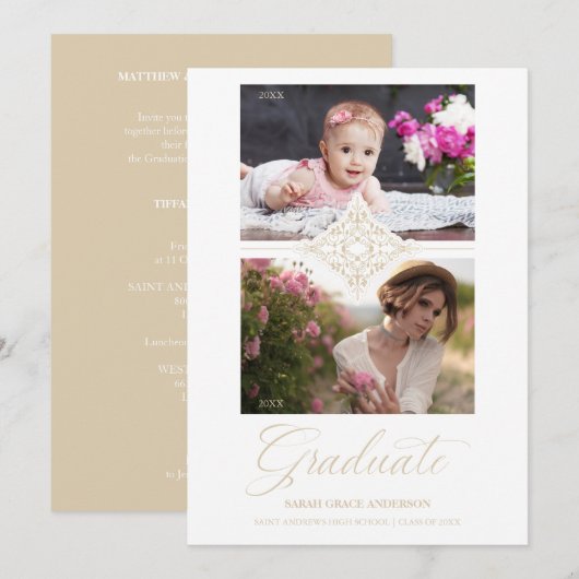 Toen & Nu Chic Gold 2 Foto's Ornament Afstuderen Kaart (Voorkant / Achterkant)