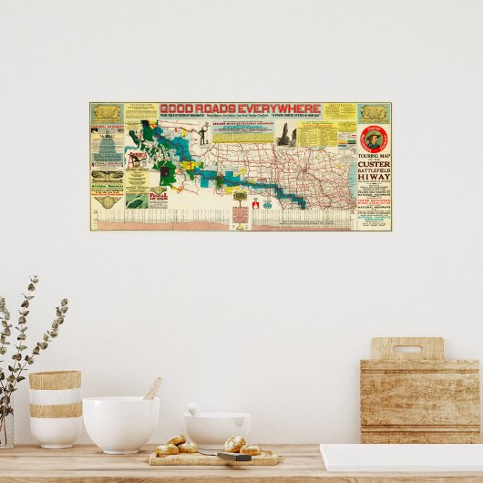 Toerentekaart van de snelweg rond het Custer-slagv Poster (Keuken)