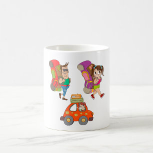 Toeristen met rugzakken die een Mok met koffie ove