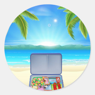 Toeristisch koffertje met tropisch strand ronde sticker