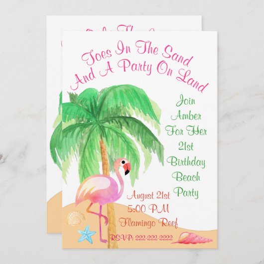 Toes in de Uitnodiging van de partij Sand Flamingo (Voorkant / Achterkant)