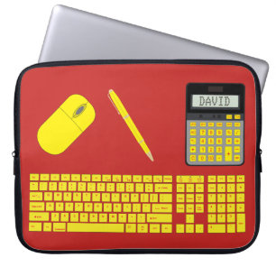Toetsenbord, muis, rekenmachine en pen, grafisch laptop sleeve