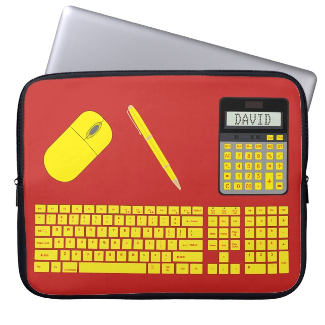 Toetsenbord, muis, rekenmachine en pen, grafisch laptop sleeve (Voorkant)