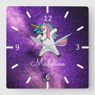 TOEVOEGEN JOUW NAAM/Paarse ruimtedodende Unicorn Vierkante Klok