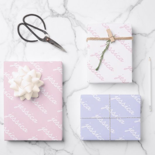 Toevoegen-uw-naam roze | Lavender Cursive Name Inpakpapier Vel (Voorkant)