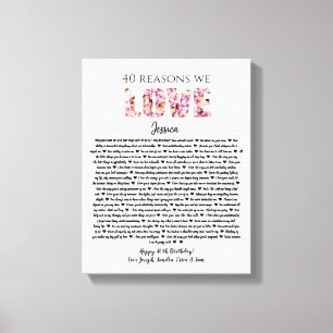 Toile 40 raisons pour lesquelles nous t'aimons, cadeau d