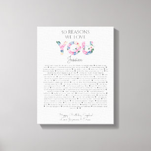 Toile 50 raisons pour lesquelles nous vous aimons rose b