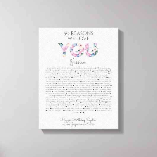 Toile 50 raisons pour lesquelles nous vous aimons rose b (Recto)