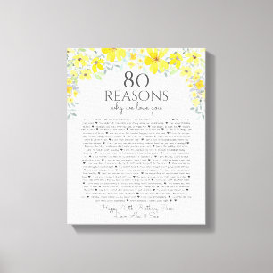 Toile 60 raisons pour lesquelles nous vous aimons jaune 
