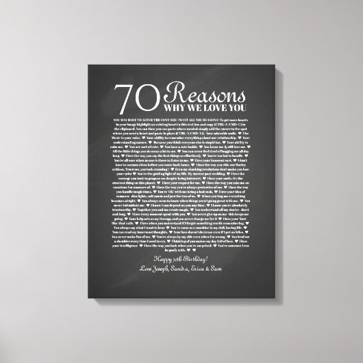 Toile 70 raisons pour lesquelles nous vous aimons cadeau (Recto)