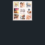 Toile 70e anniversaire blush rose or nom photo collage<br><div class="desc">Un cadeau unique de 70e anniversaire ou de conservation, célébrant sa vie avec un collage de 8 de vos photos. Ajoutez des images de sa famille, de ses amis, de ses animaux de compagnie, de ses loisirs ou de sa destination de voyage de rêve. Personnalisez et ajoutez un nom, 70...</div>