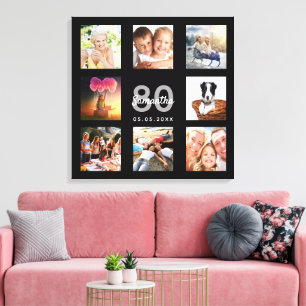Toile 80e anniversaire photo collage noir monogramme