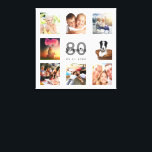 Toile 80e anniversaire photo personnalisée collage blanc<br><div class="desc">Un cadeau unique de 80e anniversaire ou de conservation, célébrant sa vie avec un collage de 8 de vos photos. Ajoutez des images de sa famille, de ses amis, de ses animaux de compagnie, de ses loisirs ou de sa destination de voyage de rêve. Personnalisez et ajoutez un nom, 80...</div>