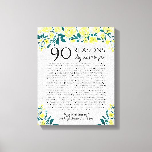 Toile 90 raisons pour lesquelles nous vous aimons cadeau (Recto)