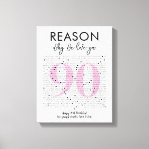 Toile 90 raisons pour lesquelles nous vous aimons cadeau